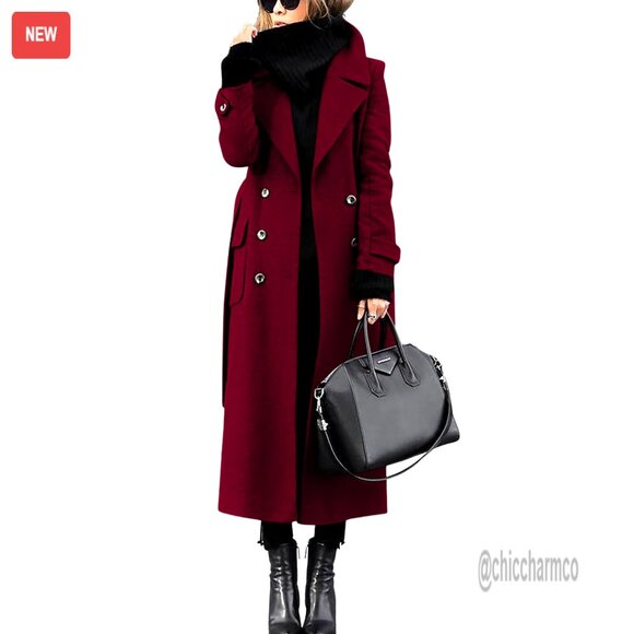 Wool Blend Pea Coat Double Breasted Notched Lapel Belted Trench Coat